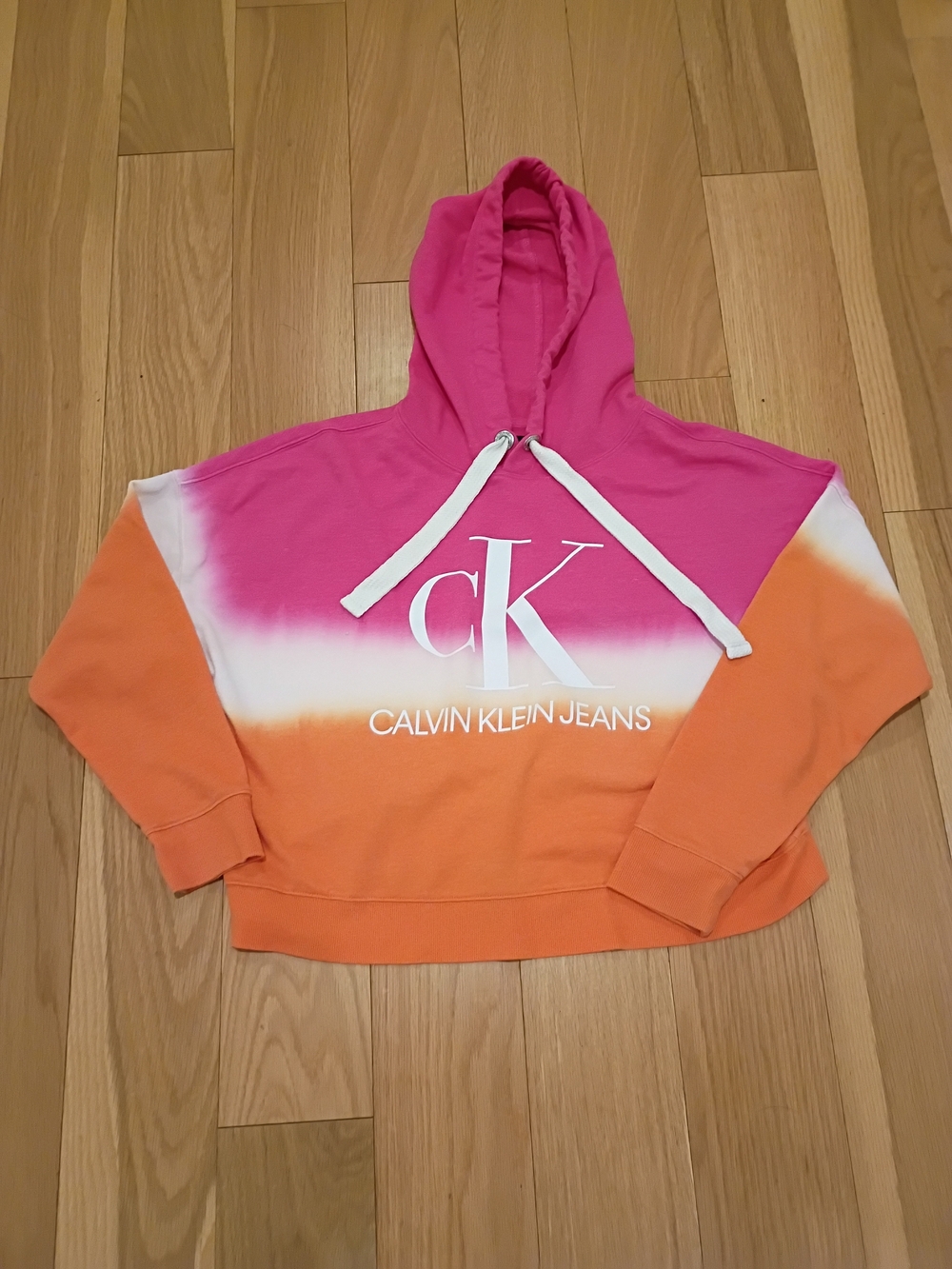 Calvin Klein Jeans Hot Pink, White & Orange Ombre Cropped Hoodie